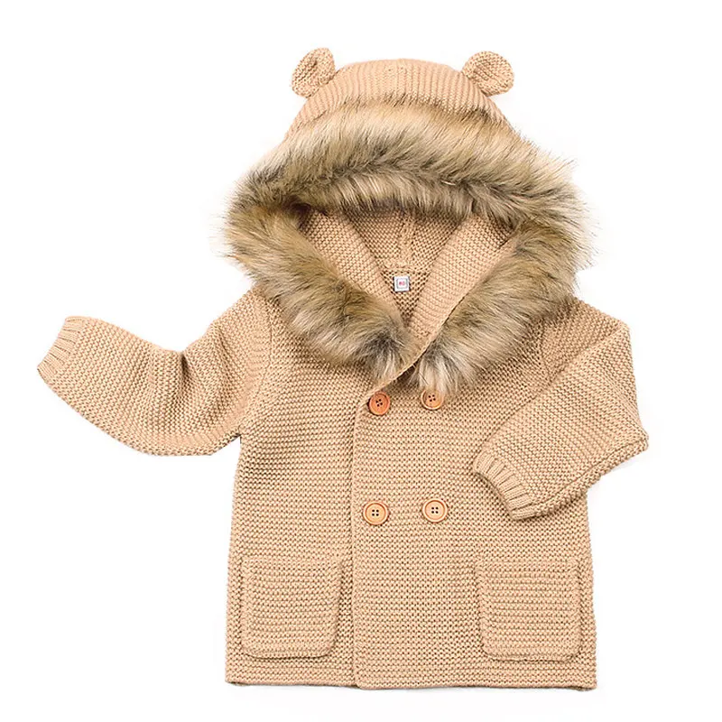 6 мес.-24 мес., детский зимний меховой съемный кардиган с капюшоном для девочек и мальчиков, двойное вязаное пальто Теплый Однотонный свитер с капюшоном для новорожденных DC339