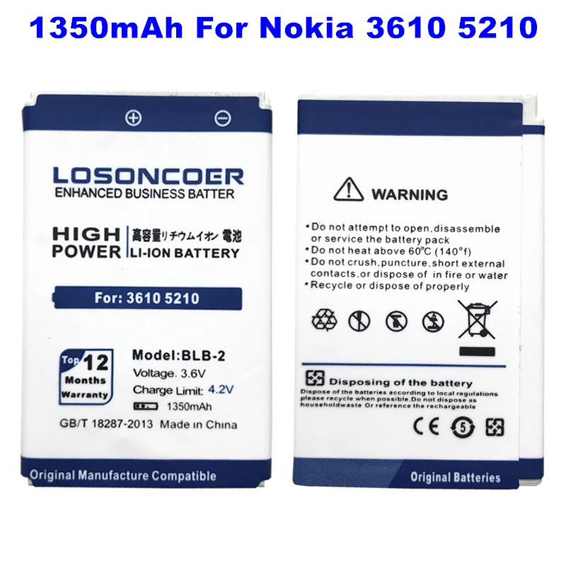 

LOSONCOER 1350mAh BLB-2 BLB2 Battery For Nokia 3610 5210 6500 6510 7650 8210 8850 8250 8310 8890 8910 8910i Cell Phone Battery