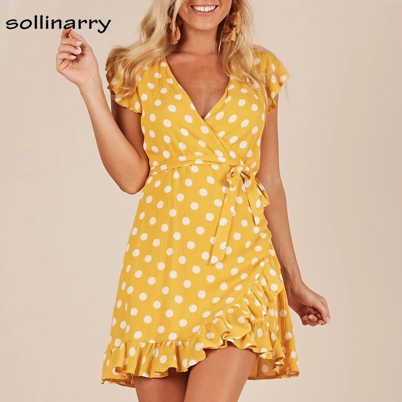 Sollinarry 2018 желтый розовый рюшами wrap платье Для женщин в горошек летнее галстук