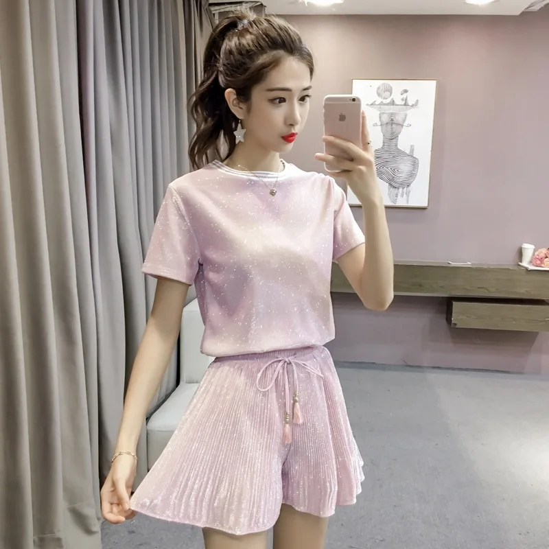 pink CBAFU, женская летняя короткая футболка, широкие ноги, эластичная резинка на талии, шорты, костюмы, комплект из 2 предметов, студенческий полиэстеровый костюм, женский летний комплект, P017 - Цвет: pink