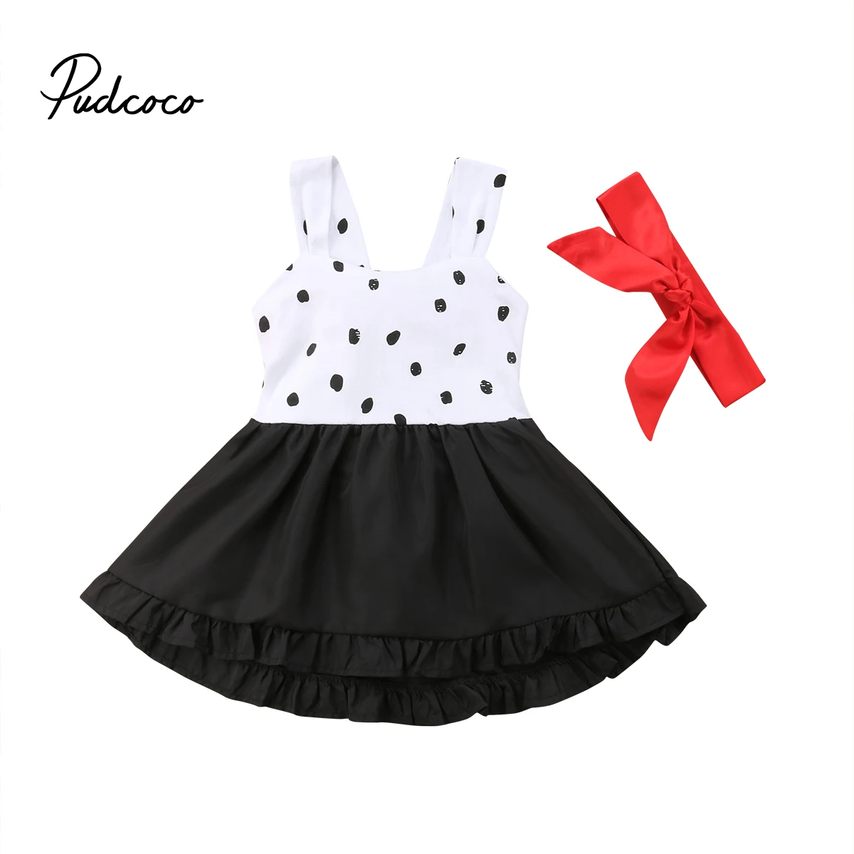

Cute Summer Infant Baby Girl Kid Sleeveless Polka Dot Dress Bowknot Party Sundress Dress+ Red Headband Clothes