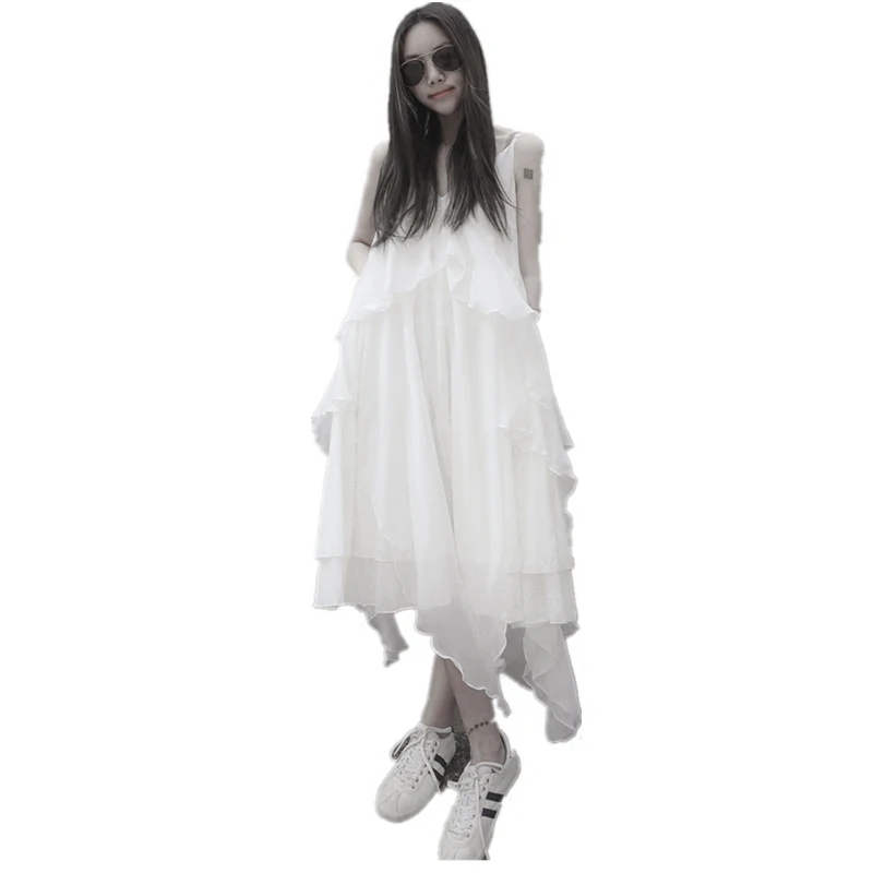 Женское платье на бретельках GETSRING винтажное из шифона белого цвета 2017|sling dress|women