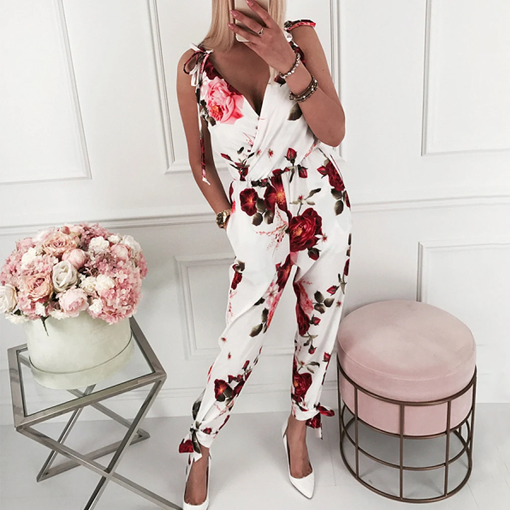 

Women Casual Floral Print Jumpsuits Summer Sleeveless Overalls Women Fashion Rompers Loose Overalls Office Lady Streetwear D30