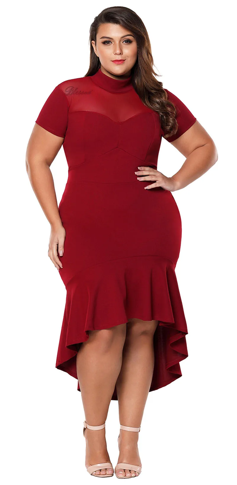 Burgundy-Mesh-Insert-Ruffled-Hi-low-Hem-Curvy-Dress-LC61661-3-4