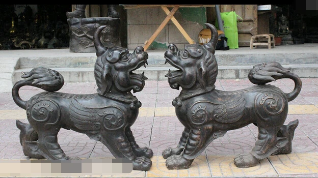 

xd 003428 23" Folk China Chinese FengShui Bronze Fly Kylin Unicorn Beast PiXiu Statue Pair