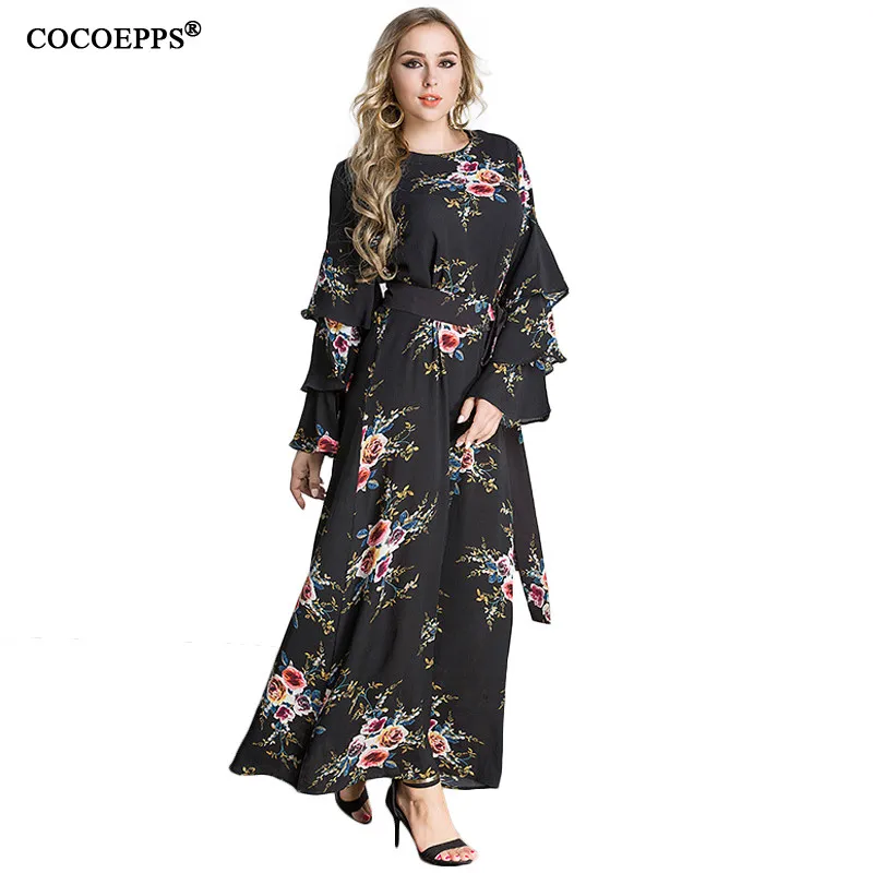

2019 Floral Print Plus Size Women Dress Long Autumn elegant vintage dresses clothing Big size long Sleeve Maxi Dress 6xl 7XL