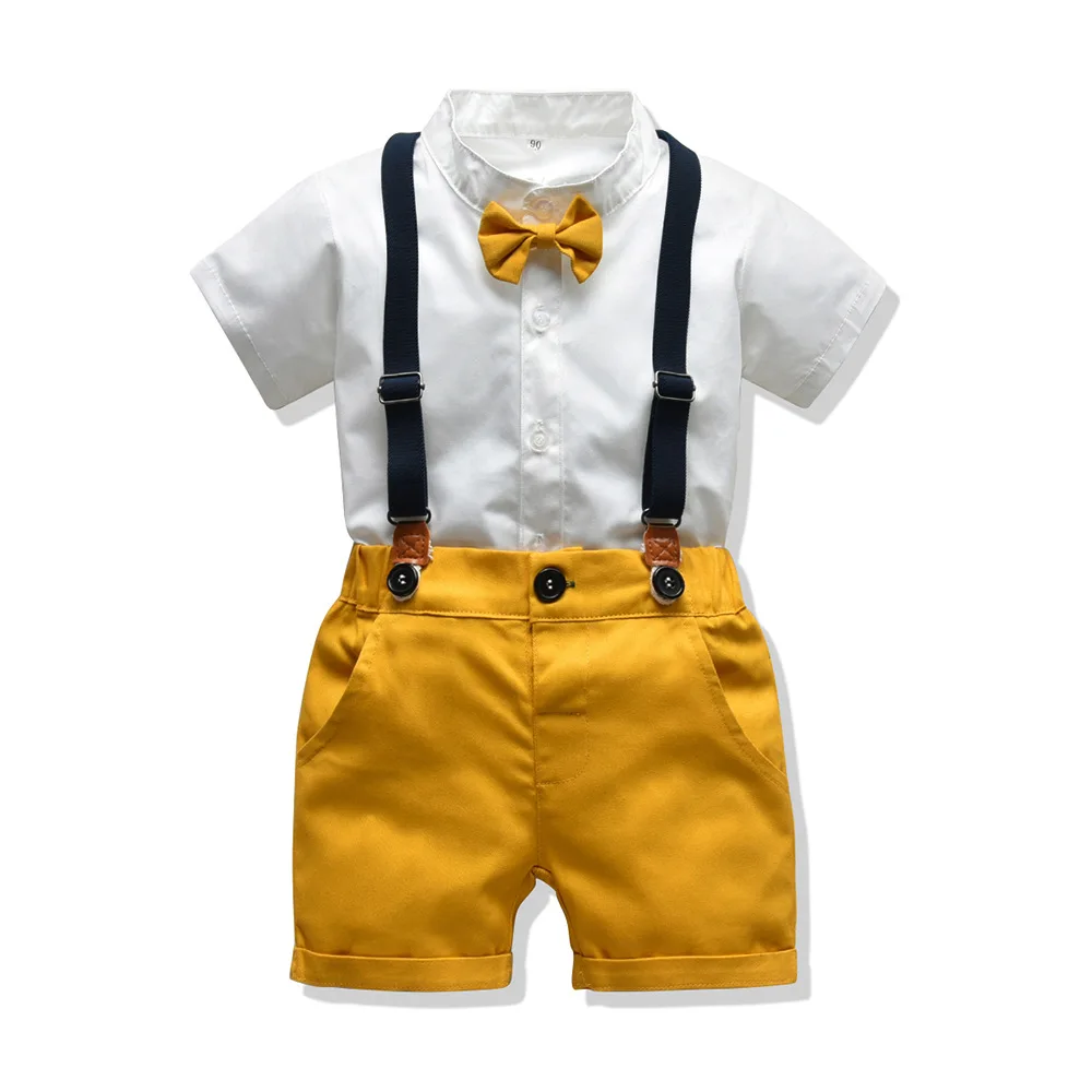 

Summer Kids Boy Casual Clothes Set Cotton Short Sleeve Bow Tie Tops+ Suspender Shorts Children Suit