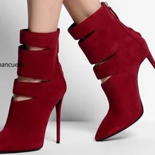 Выразительный дизайн; шикарные замшевые ботильоны на шпильках; Цвет Бордовый; пикантные женские босоножки с острым носком и вырезами на молнии сзади; ботинки; обувь