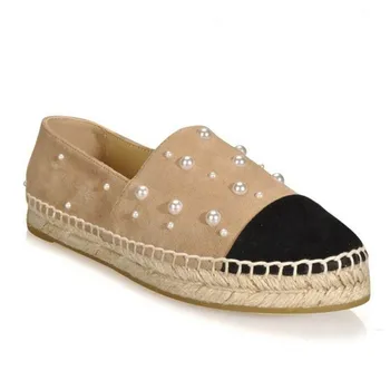 

Luxury Women Flats Platform Loafers Ladies Elegant Pearls Genuine Suede Leather Womens Espadrilles Slip On Casual Driving Shoes