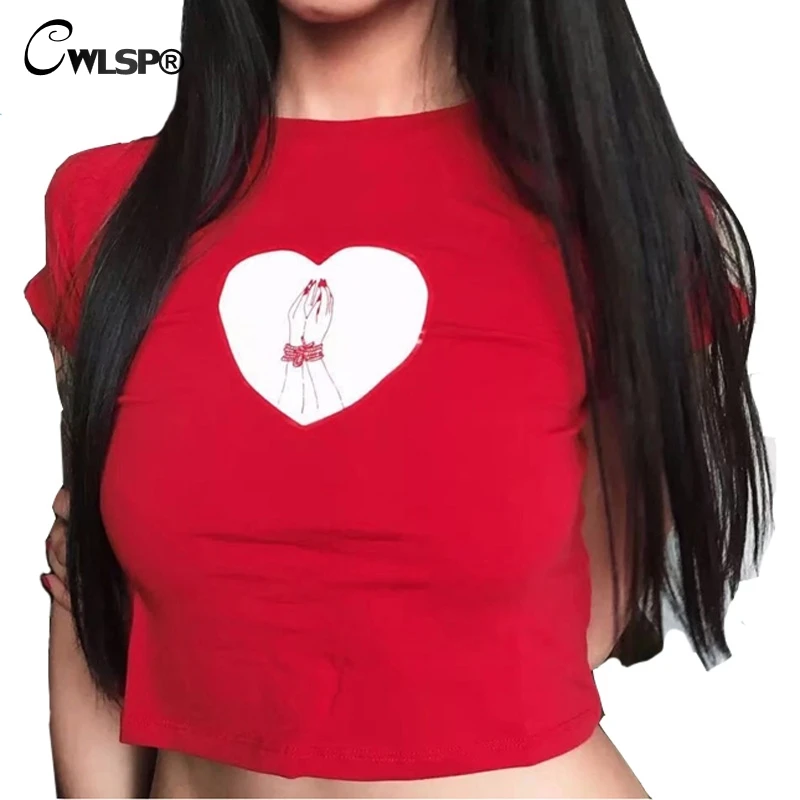 

CWLSP Fashion Slim Tshirt Women O Neck Casual Heart Hands Print Short tshirt Spring Crop Tops harajuku stranger things QA2208