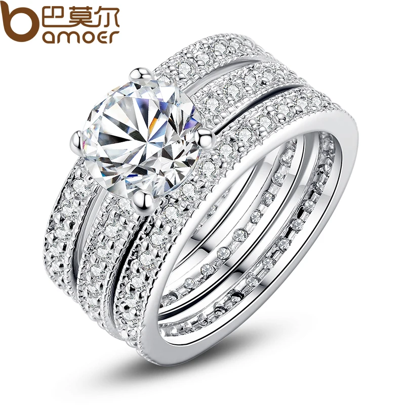 font b BAMOER b font Luxury Brand Fashion Platinum Plated Bridal Set Ring for Women