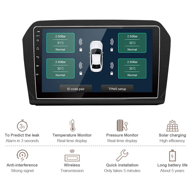 Автомобильная умная Беспроводная система контроля давления в шинах TPMS сигнализация внутренний/внешний Датчик Автозапчасти для Android навигация
