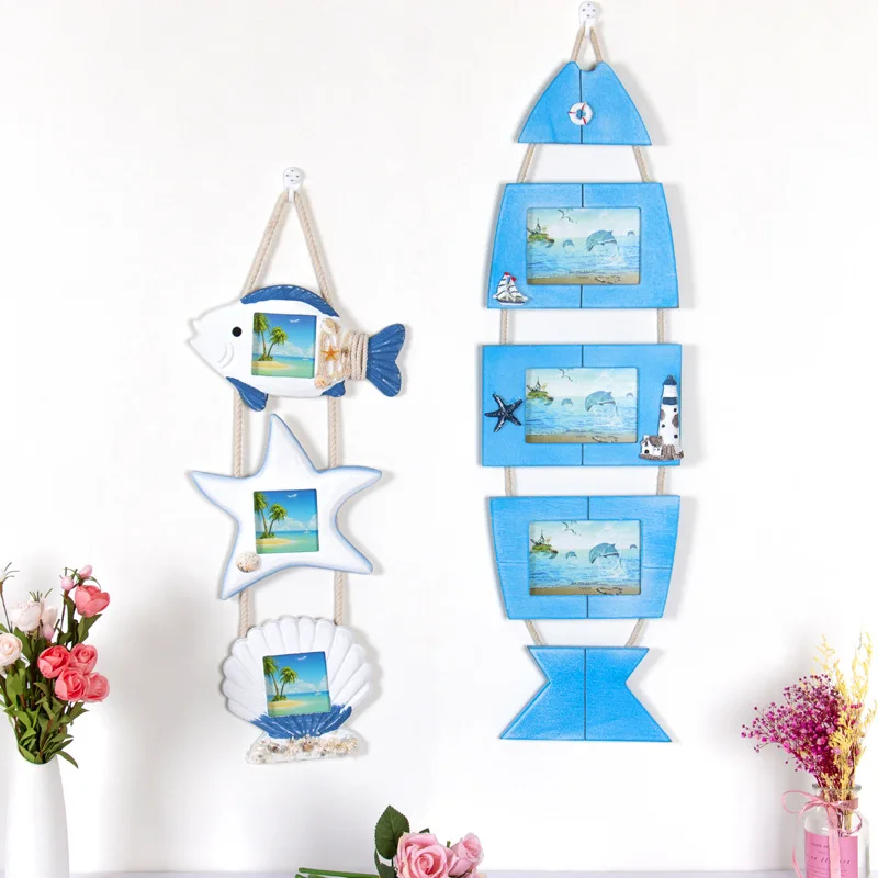 

Wall-mounted Mediterranean Wooden Photo Frame Creative Hanging Wall Decoration Combination Pictures Frames Starfish Shell Crafts