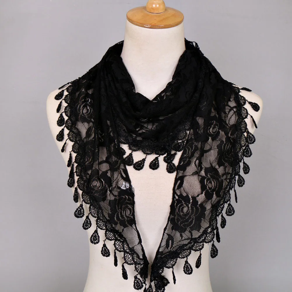 

WHOOHOO Lace Scarf Women Tassel Rose Floral Print Hollow Scarf Ladies' Tassel Solid Triangle Shawl Wraps Scarves 2019