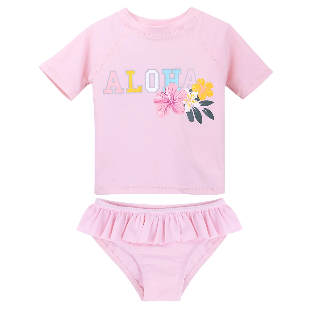 

BAOHULU Summer Little Girls Kids Two SETS Swimsuit Tankini UV 50+ Protection Swimwear Lovely Pink flower Short Sleeves Swimsuit