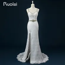 Real Good Quality Sweetheart Straps Lace Beaded Sash High Slit Wedding Dress Long Bridal Gown Vestido de Novia Wedding ASAFN50