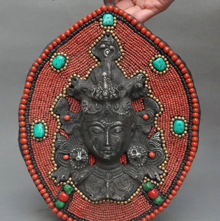 

Rare Old tibet silver Inlay turquoise coral GuanYin buddha statue Wall hanging