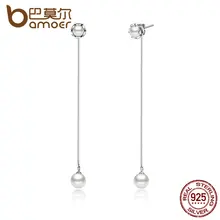Bamoer clásico 100% 925 pendiente de plata de ley con perlas push-back de gota largos pendientes para las mujeres joyería de perlas sce008