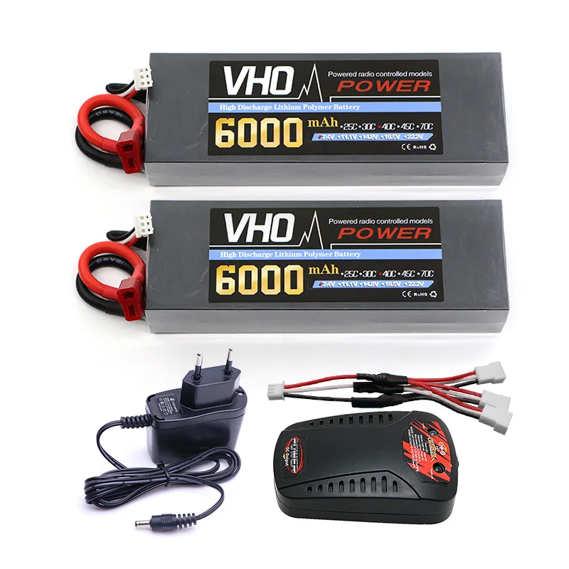 

VHO 2pcs Original High Power 7.4V 6000mAh 40C 2S Lipo RC Battery Deans Plug + EU charger Li-polymer for RC Helicopter