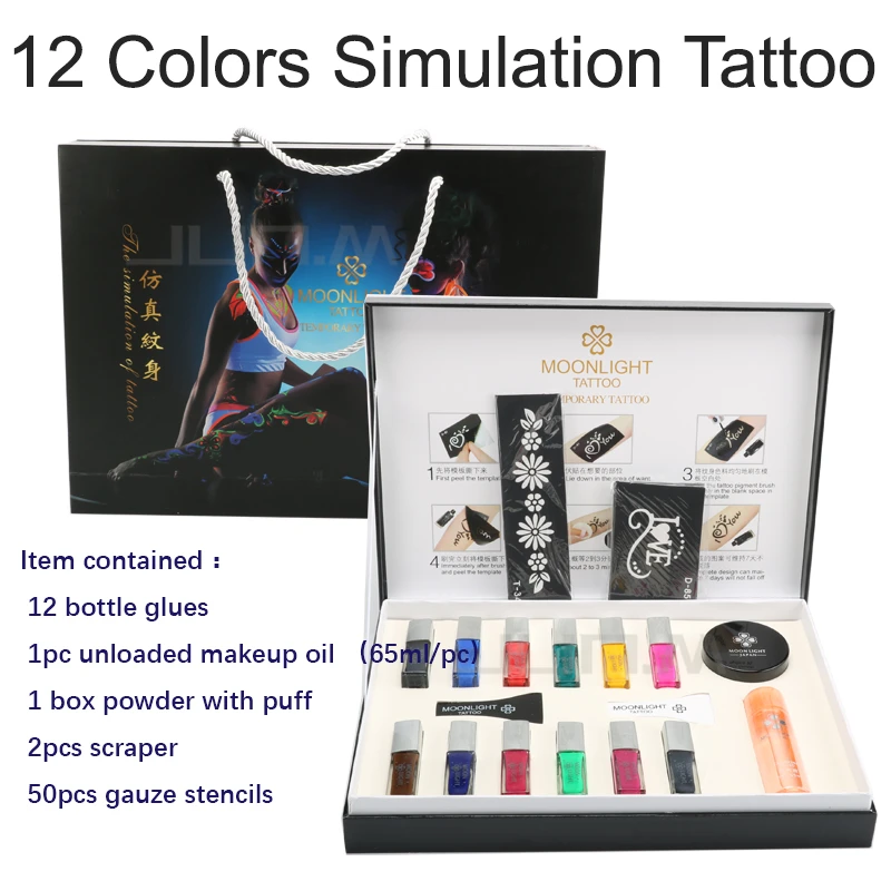 

12 Color Temporary Tattoo Template Pattern Body Art Condensate Liquid Kit Different Colors Simulated Tattoo Set High Quality