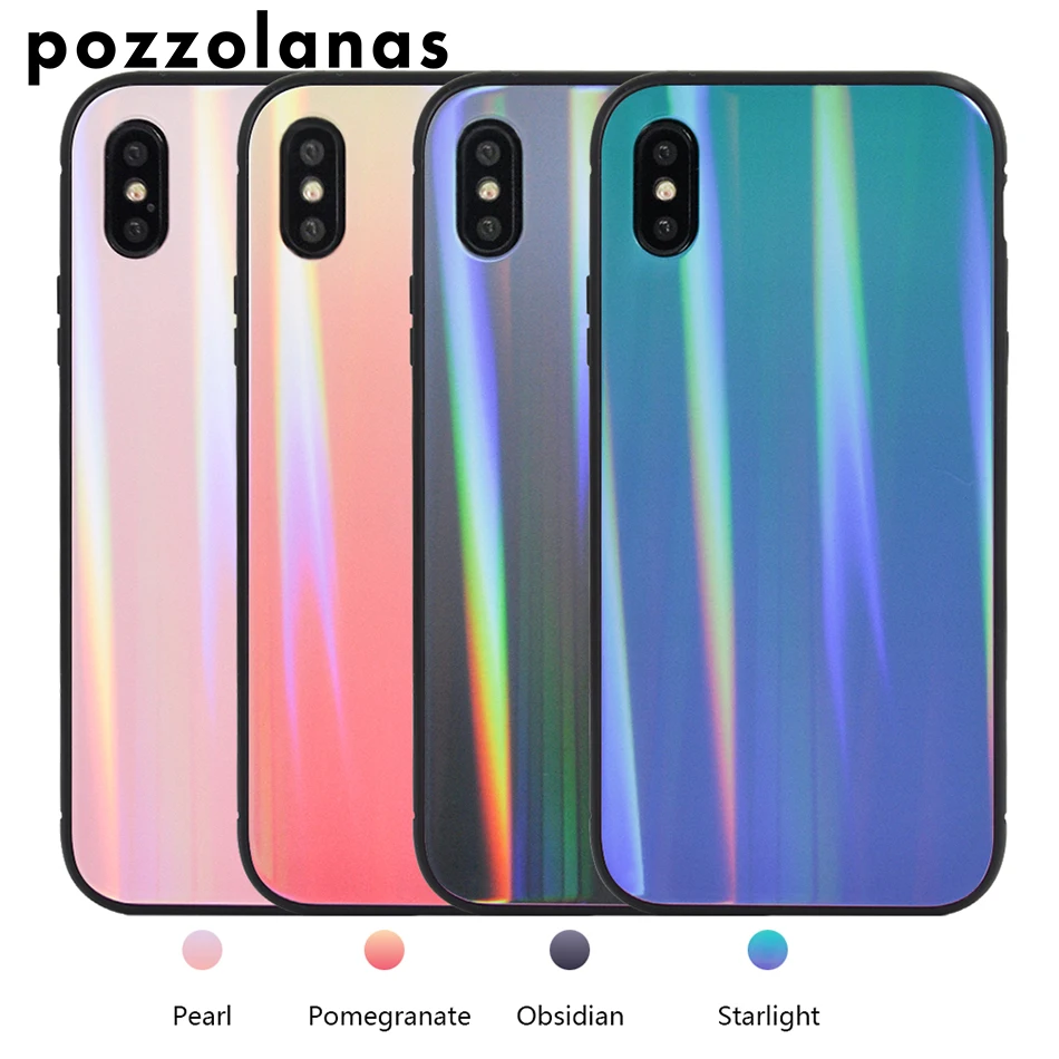 Pozzolanas Phone Soft Case Magnet Flip For iPhoneX Fashion luxury Aurora gradient glass Silicone Waterproof Anti-knock |