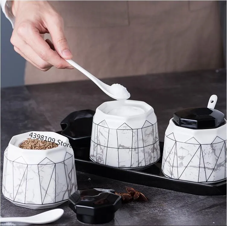 

Kitchenware supplies ceramic marble spice jar sugar cans geometric pattern olive oil vinegar bottle kitchen cooking tools