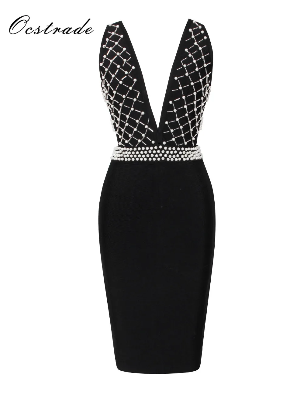 Ocstrade Black Bandage Dress 2017 Summer Hot New Arrival Women Pearl Bead Cut Out Sexy Deep