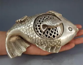 

Chinese ancient Tibetan silver incense burner carving fish statue