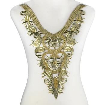 

2pieces Beaded Rhinestones Neck Collar Lace African Cord Applique Embroidery Iron on Patches Scrapbooking T2705