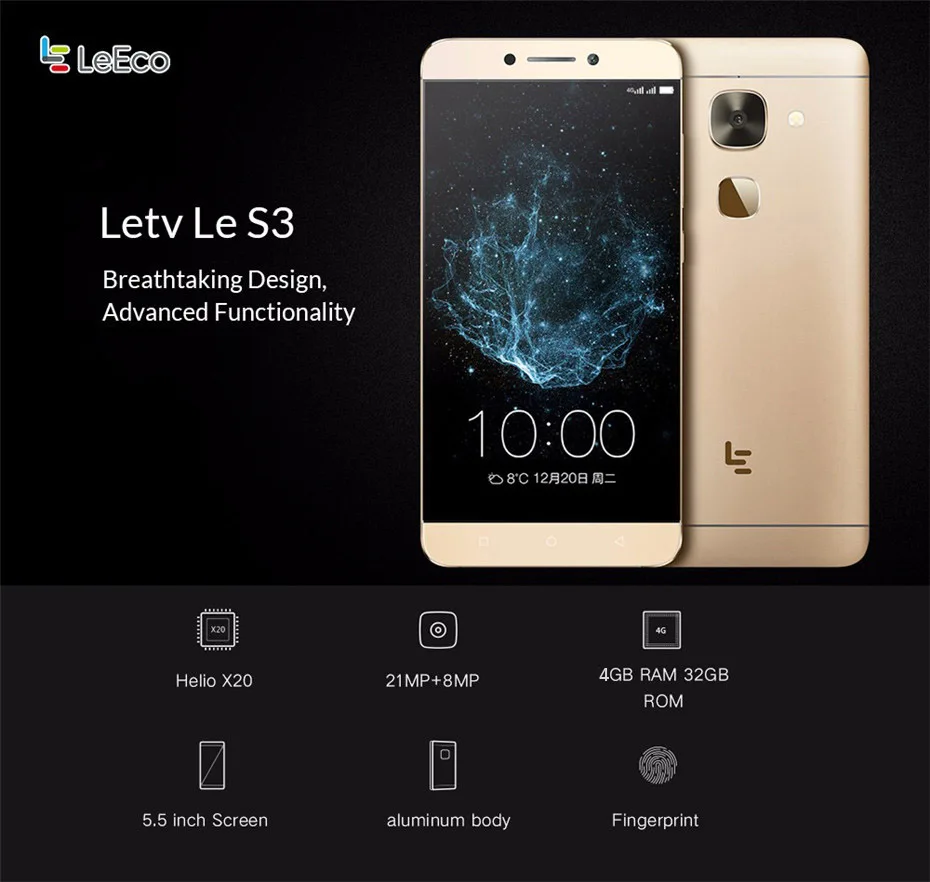 Сотовый телефон Letv LeEco Le S3 X626, 5,5 дюймов, 4 Гб ОЗУ, 32 Гб ПЗУ, Helio X20 Deca Core, 16,0 Мп, Android 6,0, смартфон с отпечатком пальца