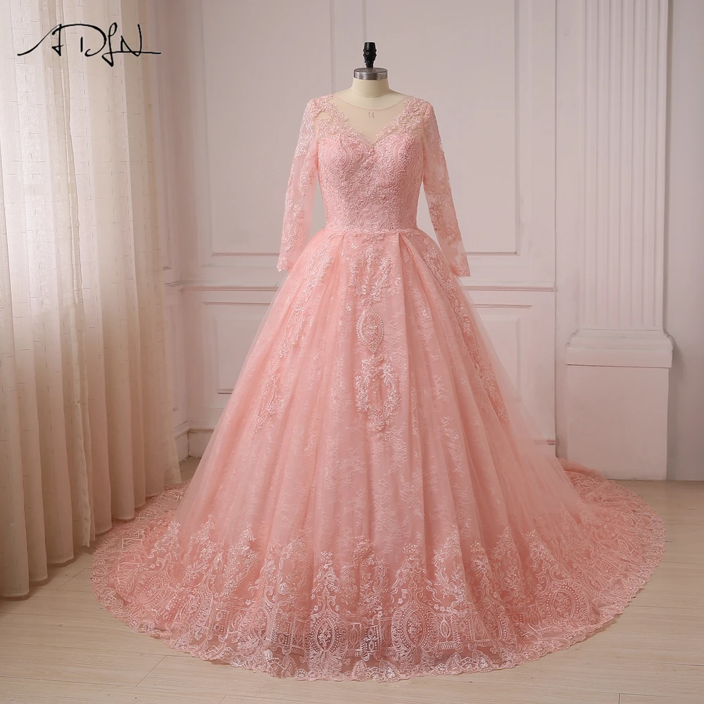 

ADLN Romantic Pink Ball Gown Wedding Dresses vestido de noiva Long Sleeve Lace Robe de mariage Custom Plus Size Bride Dress