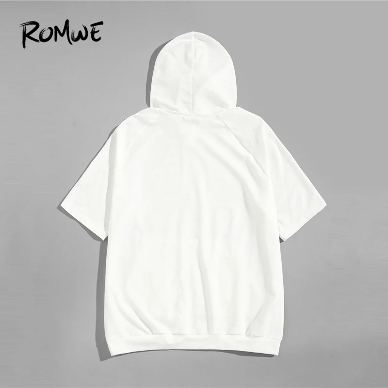 ROMWE Men Drawstring Hoodie Tunic Tee 2019 Fashion Solid White Pocket T Shirts Mens Clothing Summer Short Sleeve T-shirt