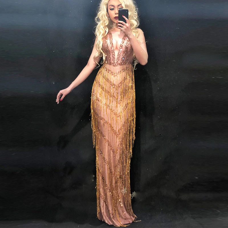 Летнее Длинное платье, женская праздничная одежда, сексуальный костюм с золотыми кисточками, женское платье для выступлений на день рождения, празднование, вечернее платье, DL2278