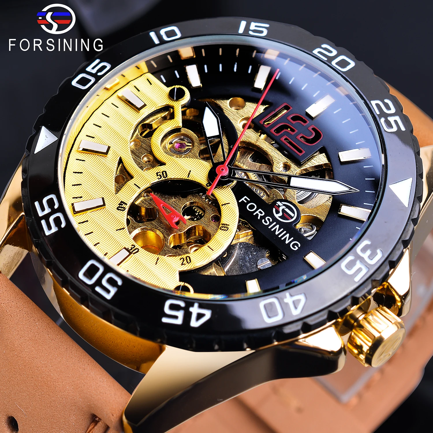 

Forsining 2019 Relojes Hombre Watch Men's Fashion Automatic Creative Half Color Skeleton Analog Leather Belt Mechanical Watches