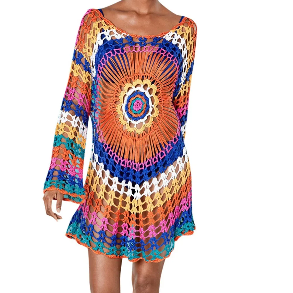 

Womens Summer Lengthen Beachwear Cover Up Hollow Swimwear Color khaki Beach Rainbow Knit Sunscreen Skirt Dress Split Swimsuit