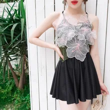 Купальный костюм, купальник для девочек, женский пляжный танкини, женские купальные костюмы, цельная юбка в стиле ретро, корейский стиль, Xiaoxiangfeng, черный и белый цвета