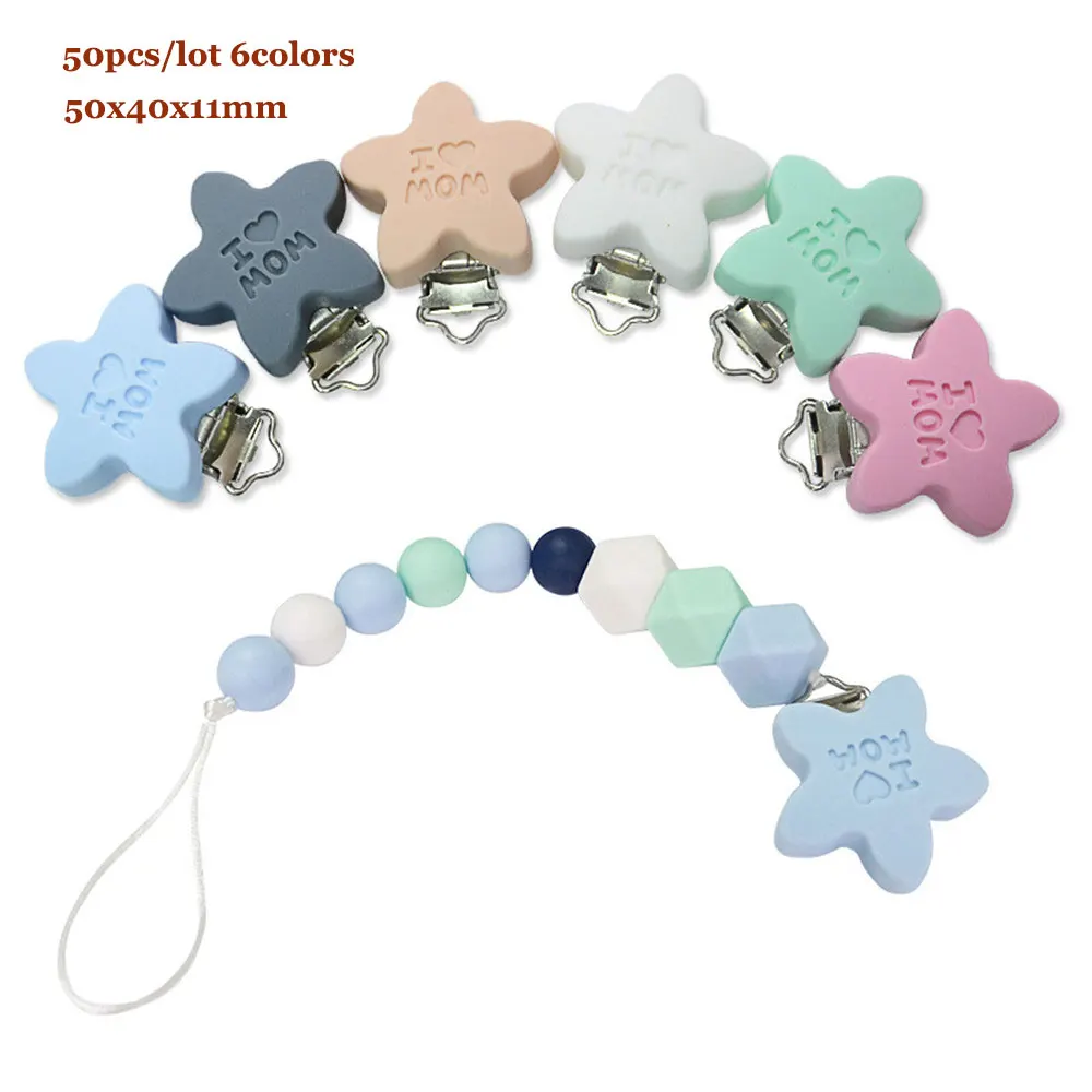 50Pcs BPA Free Baby Stars Silicone Pacifier Clips Dummy Teether Chain Holder DIY TeethingToy Necklace Accessories | Мать и ребенок