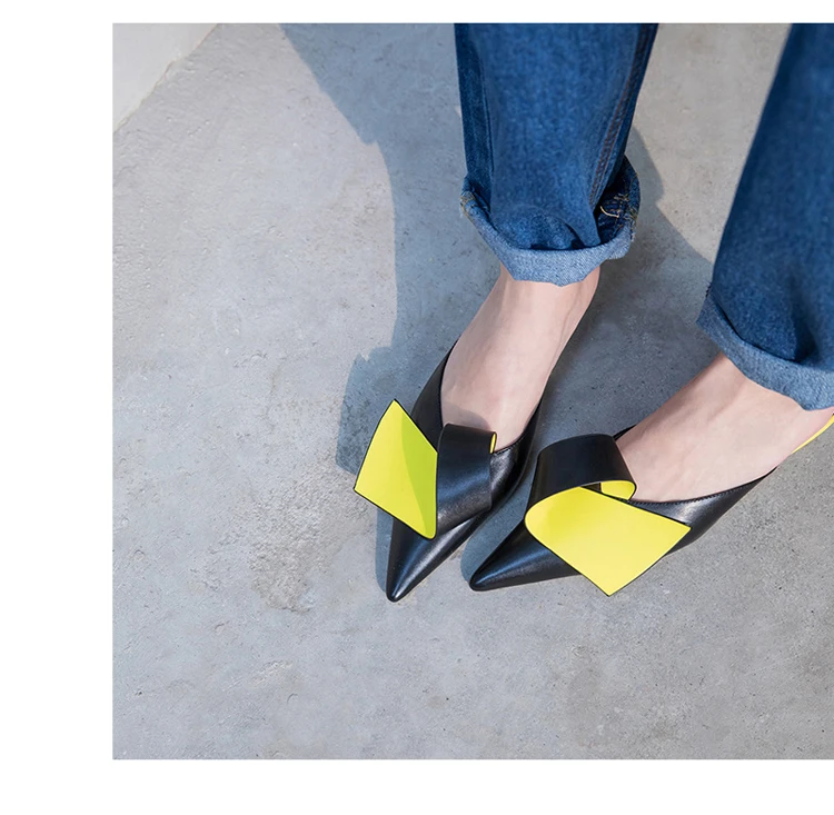 Пикантные женские туфли с острым носком; цвет желтый, черный; кожаные домашние тапочки; женские модельные туфли-лодочки на высоком каблуке 5 см; zapatillas mujer
