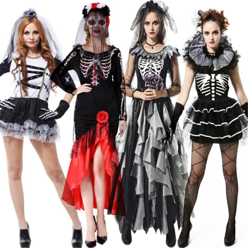 Страшный костюм на Хэллоуин для женщин День мертвых сексуальный вампир злая королева зомби труп Скелет Череп Коза невесты косплей платье