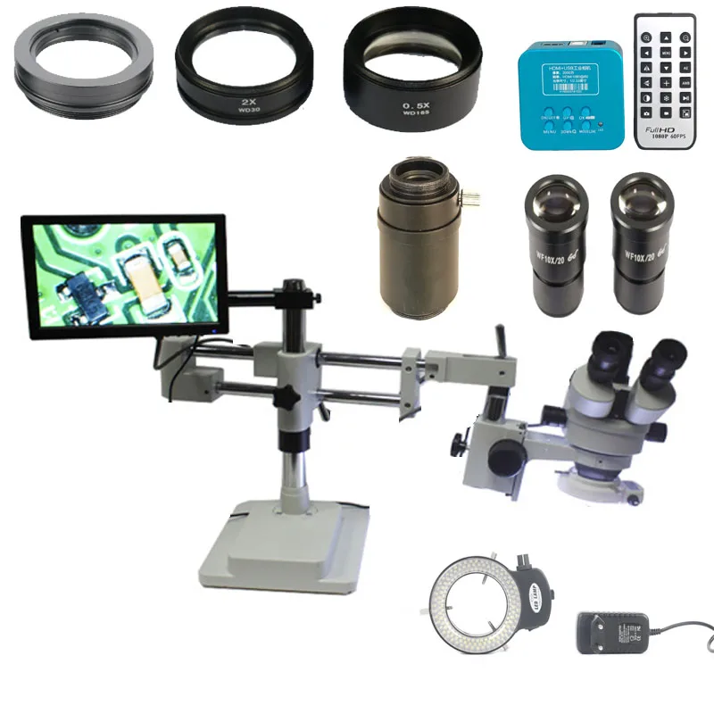 

3.5X-90X Double Arm Boom Stand Trinocular Stereo Zoom Microscope with 0.5X 2.0X Objective lens +20MP Full HDMI 1080P camera