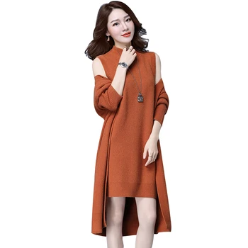 

2019 Autumn And Winter Knitted Dress Sundress Sweater Cardigan 2 Piece Set Knitting Coat + Fashion Vest Dress Women's Sweaters