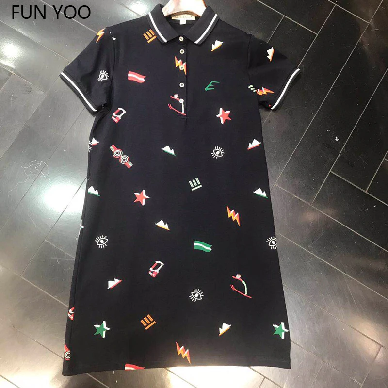 

2019 Female Summer Shirt Dress Plus Size Straight Turn-Down Collar Knee-Length Short Sleeve Cotton Print Casual High Street