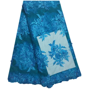 

Latest Nigerian Net Laces 2018 Blue Color High Quality African French Lace Embroidery Beaded African Lace Fabric For Party 1342
