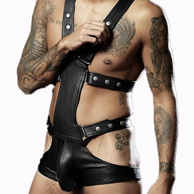 Sexy Men Faux Leather Bodysuit Exotic Fetish Bondage Restraint Lingerie Black Fantasy Gay Jumpsuit Teddy Vinyl Sex Underwear -