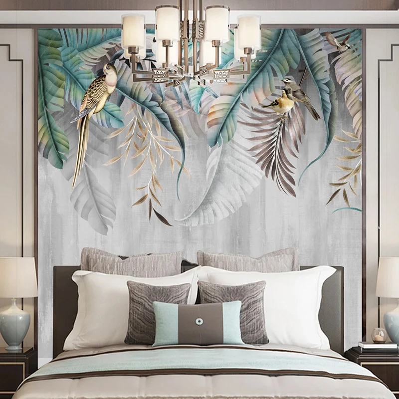 Custom Any Size Mural Wallpaper Modern 3D Nordic Style Plant Leaves Birds Photo Wall Mural Living Room Bedroom Home Decor Fresco