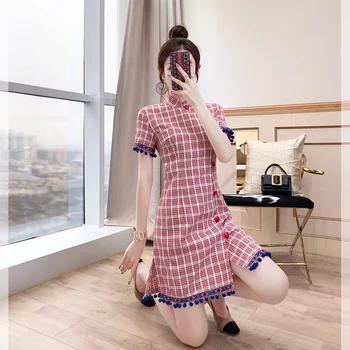 

2019 Mini Dress Sexy Celebrity Plaid Short Button Mandarin Collar Women Striped Tassel Night Club Body con Dresses Wholesale