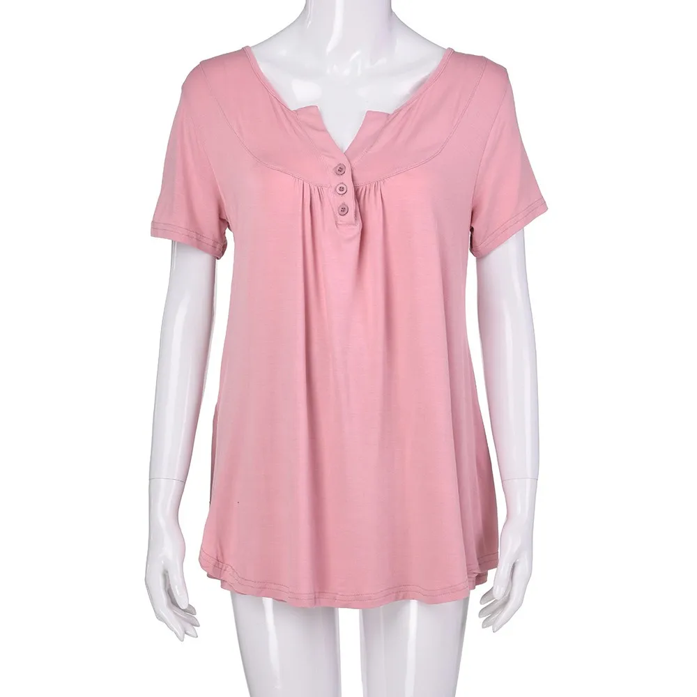 Женская пижама, комплекты хлопковых пижам, комплекты одежды для сна на пуговицах с коротким рукавом и v-образным вырезом, одноцветные женские пижамные комплекты, зимние пижамы для женщин - Цвет: Розовый