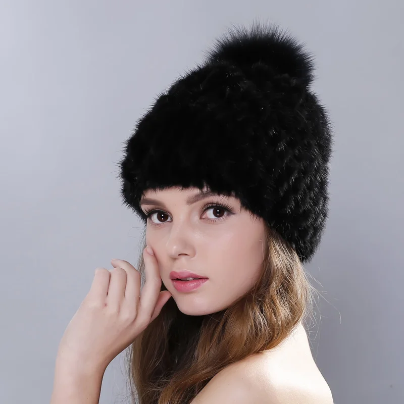 MPPM Russian Real mink fur hat for women winter knitted mink fur beanie cap fox fur pom pom hat new thick female cap 2