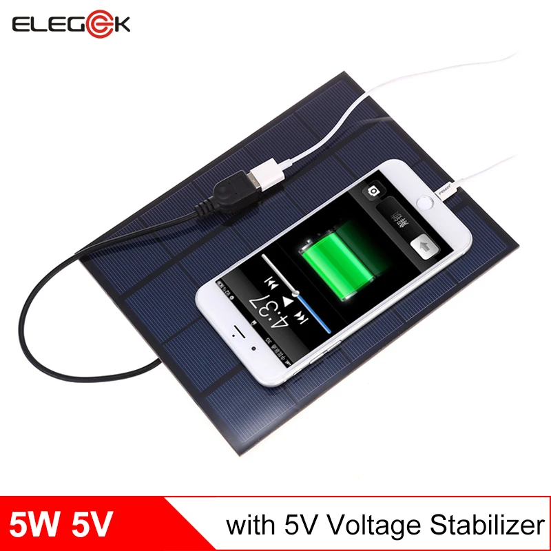 

ELEGEEK Monocrystalline 5W 5V Solar Panel Charger USB Output Polycrystalline 860mA Solar Battery Charger for Phone 210*165mm
