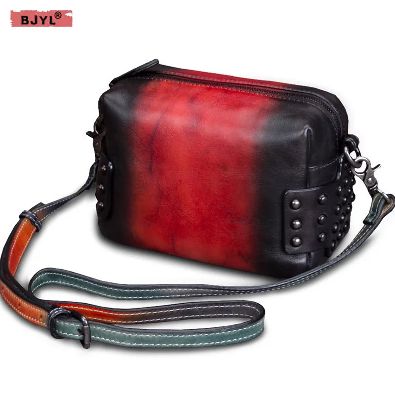 

BJYL Retro genuine leather Women handbags luxury fashion mini bag female rivet Messenger shoulder bag girl small crossbody bags